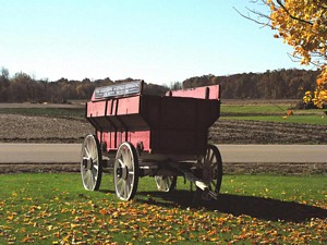 Red Wagon and Wooded Vista